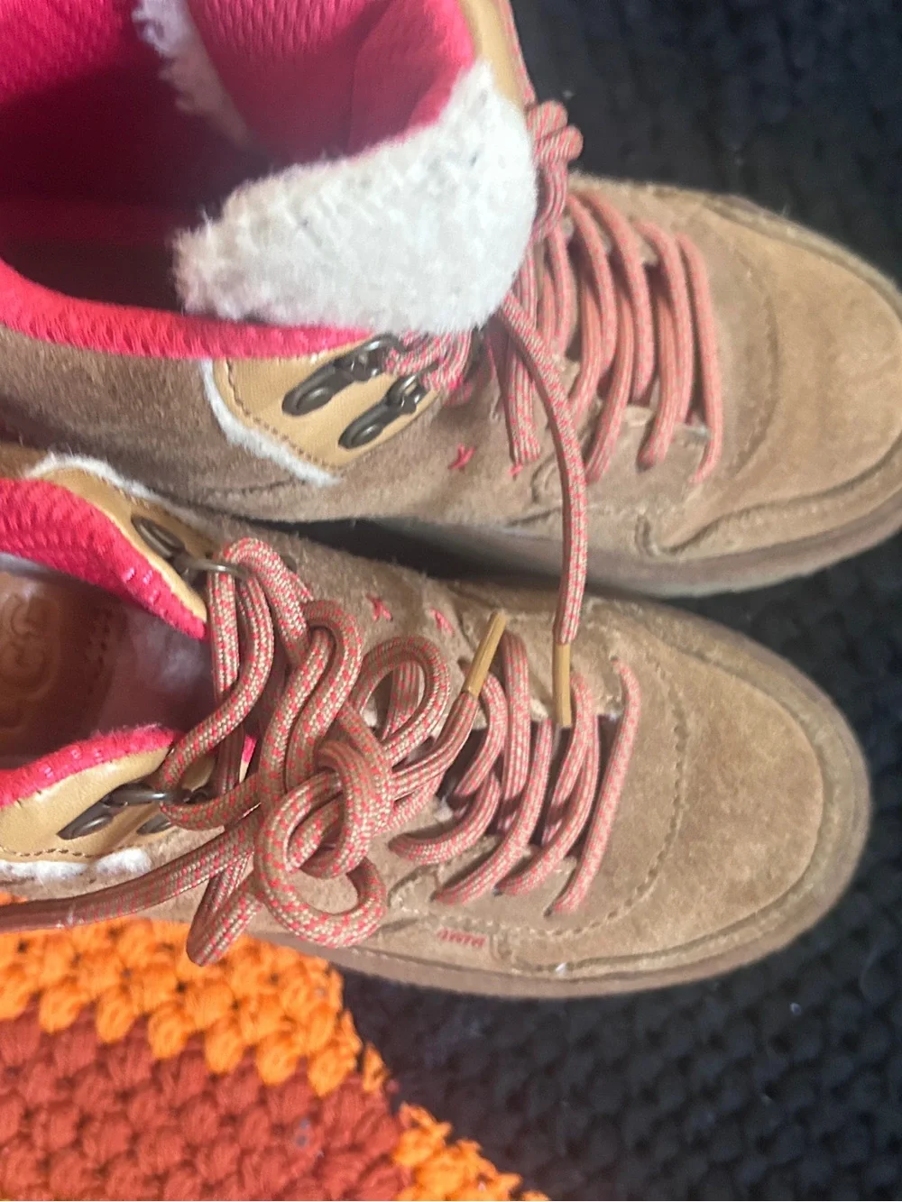 UGG Kids Brown Suede Boots with Pink Laces and Stitching